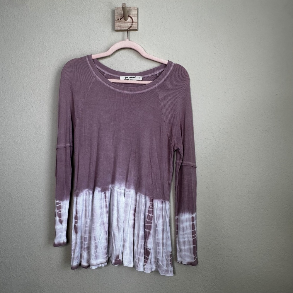 Three Bird Nest Mauve Tie Dye Ribbed Peplum Long Sleeve Top Small K18302-01